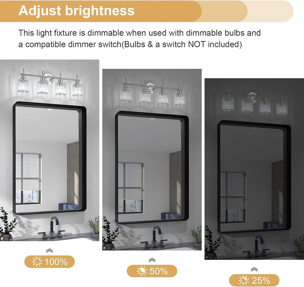 Brushed Nickel Bathroom Light Fixtures, Round, 4-Light | Vanity Lights with Crystal Shades, Modern Bathroom Lighting