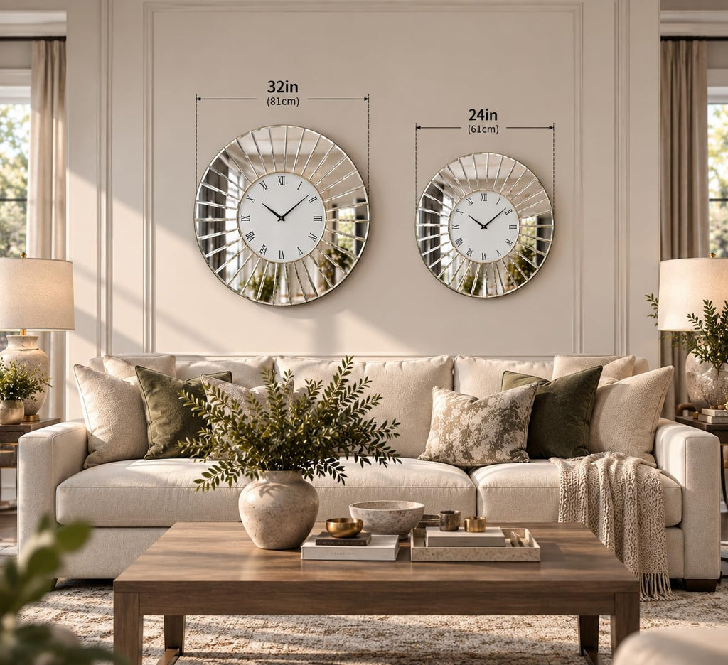 Mirrored Wall Clock, 24" Decorative Large Clock for Wall Decor