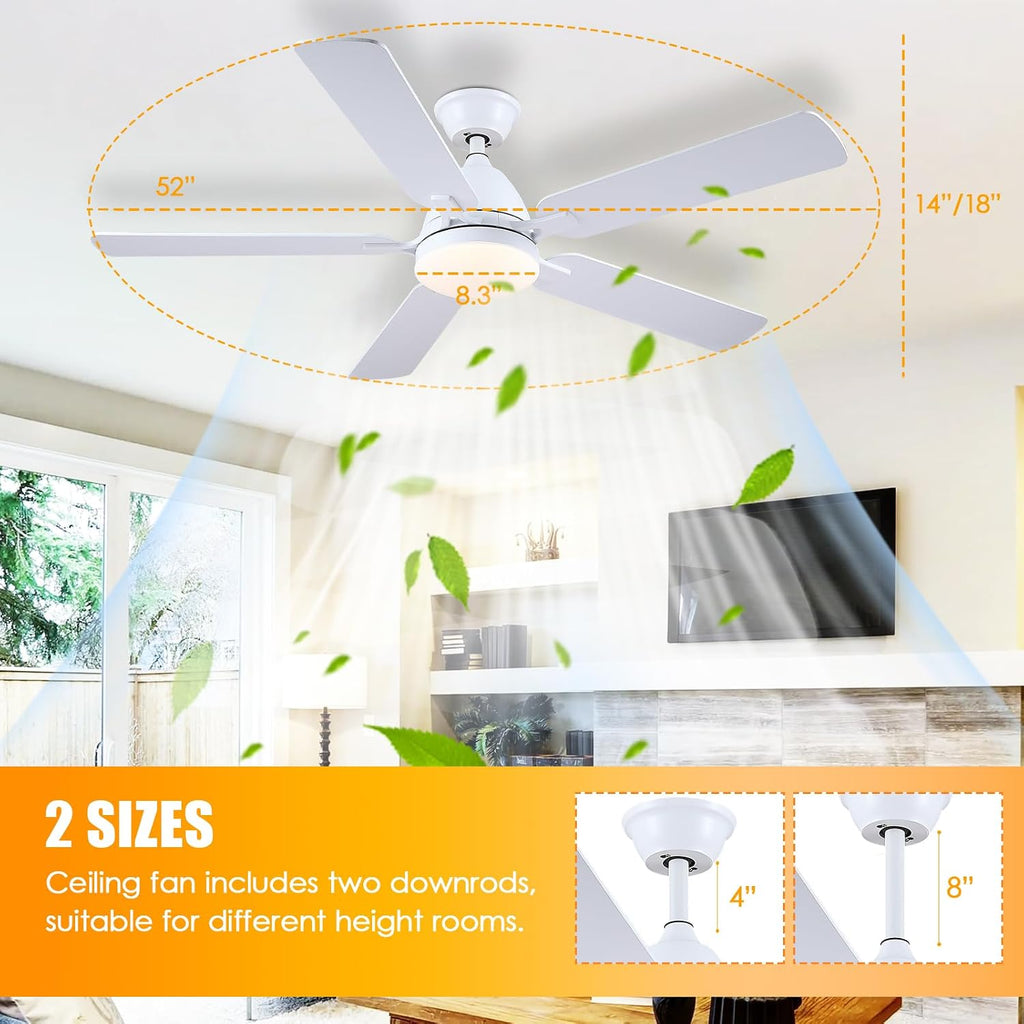 Ceiling Fans with Lights, 52inch Low Profile Ceiling Fan with Light and Remote Control,Reversible, 3CCT, Dimmable, Quiet, White Ceiling Fan for Bedroom Indoor/Outdoor Use
