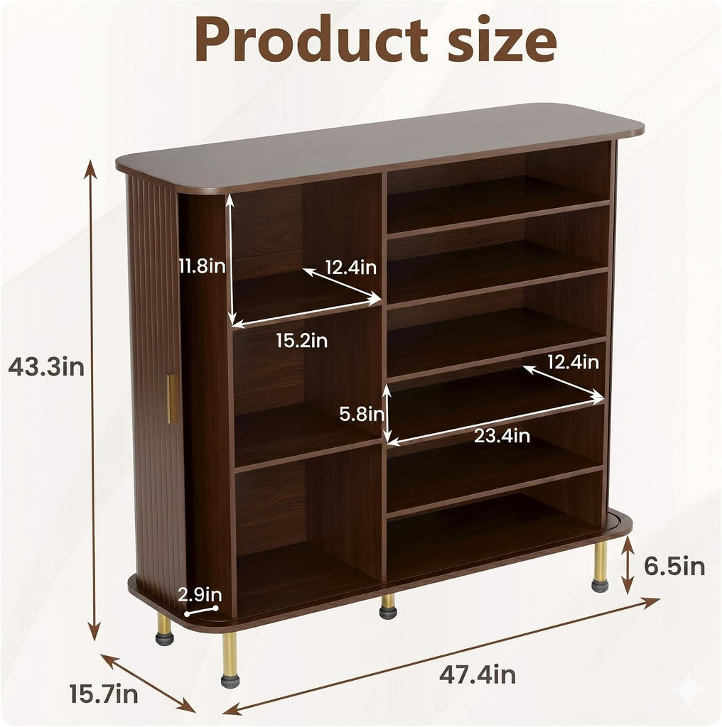 6-Tier 47'' Shoe Cabinet with Sliding Door, Wooden Shoe Storage Cabinet with Adjustable Shelves, Mid-Century Modern