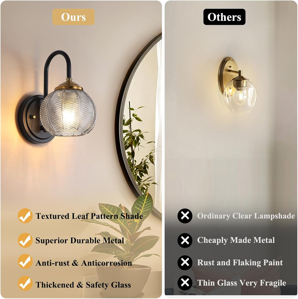 Bathroom Vanity Light Fixtures, 1-Light Smoky Gray Glass Shade, Modern Black and Gold Wall Sconce, Unique Textured