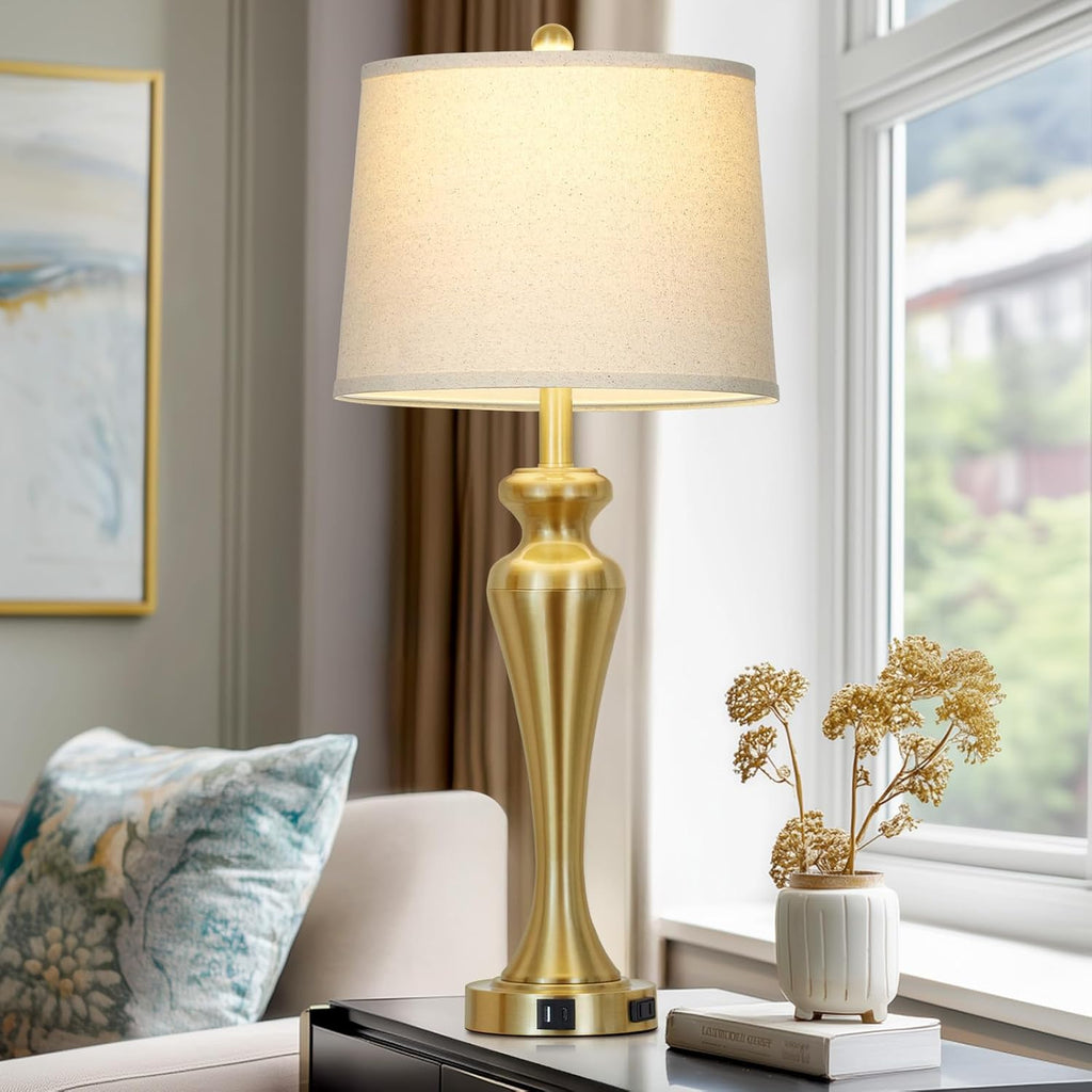 30 Inch Gold Single Table Lamp, 3-Way Dimmable Touch Control Bedside Lamps with USB A+C Ports and AC Outlet