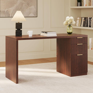58" Modern Executive Desk with Storage, Home Office Desk with Drawer & Cabinet, Wooden Fluted Desk for Study