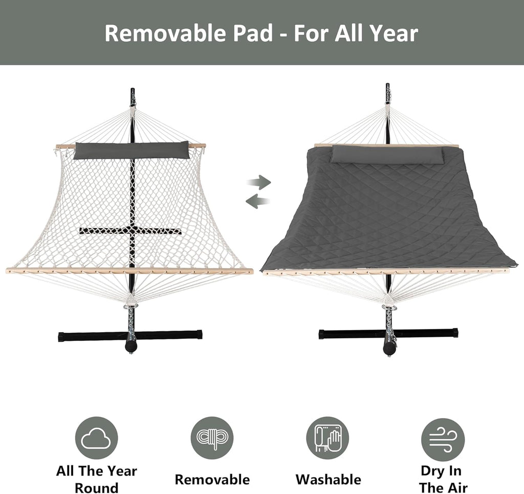 Heavy Duty Hammock with 12FT Stand, Rope Hammock for Outside, Gray | Double Hammock with Stand, Includes Hammock Pad