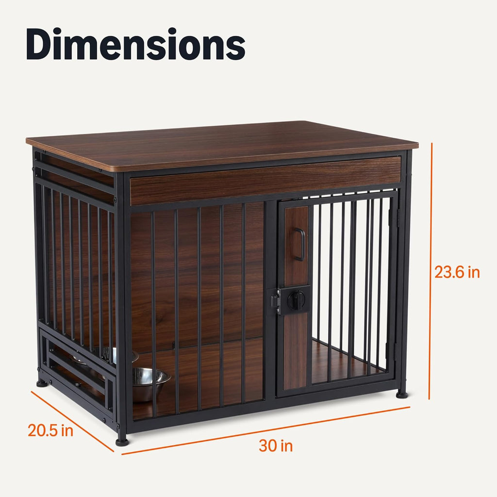 Furniture Style Dog Crate, Sturdy Wooden Pet Kennel, End Table with Space for Pet, Two Bowls Included