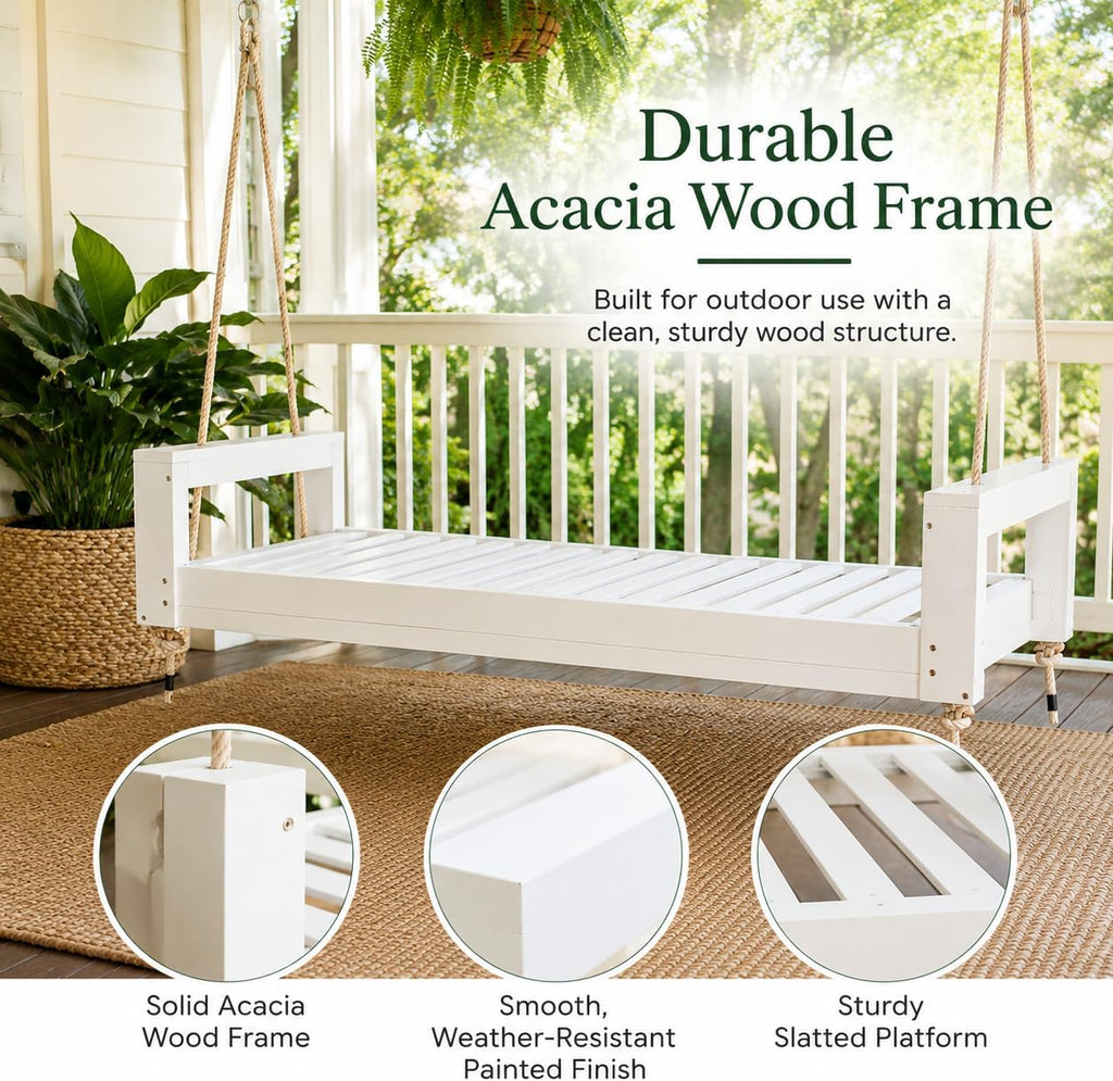Twin Size Porch Swing Bed, Acacia Wood Outdoor Hanging Daybed Swing with 4 Hemp Ropes and Rope Clips, Wooden Patio