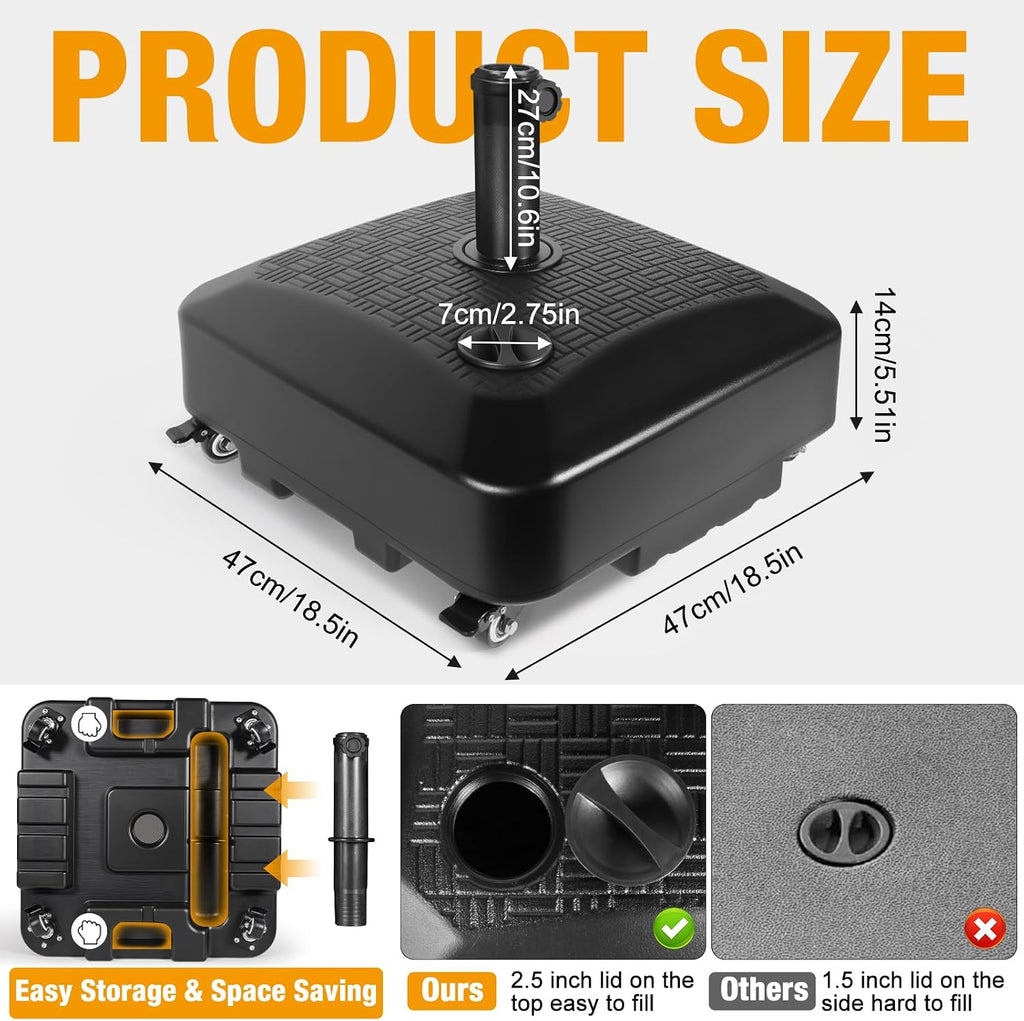 Umbrella Base Outdoor Patio Umbrella Stand with Wheels Fillable 125lb Heavy Duty Mobile Base Weighted Rolling Stand