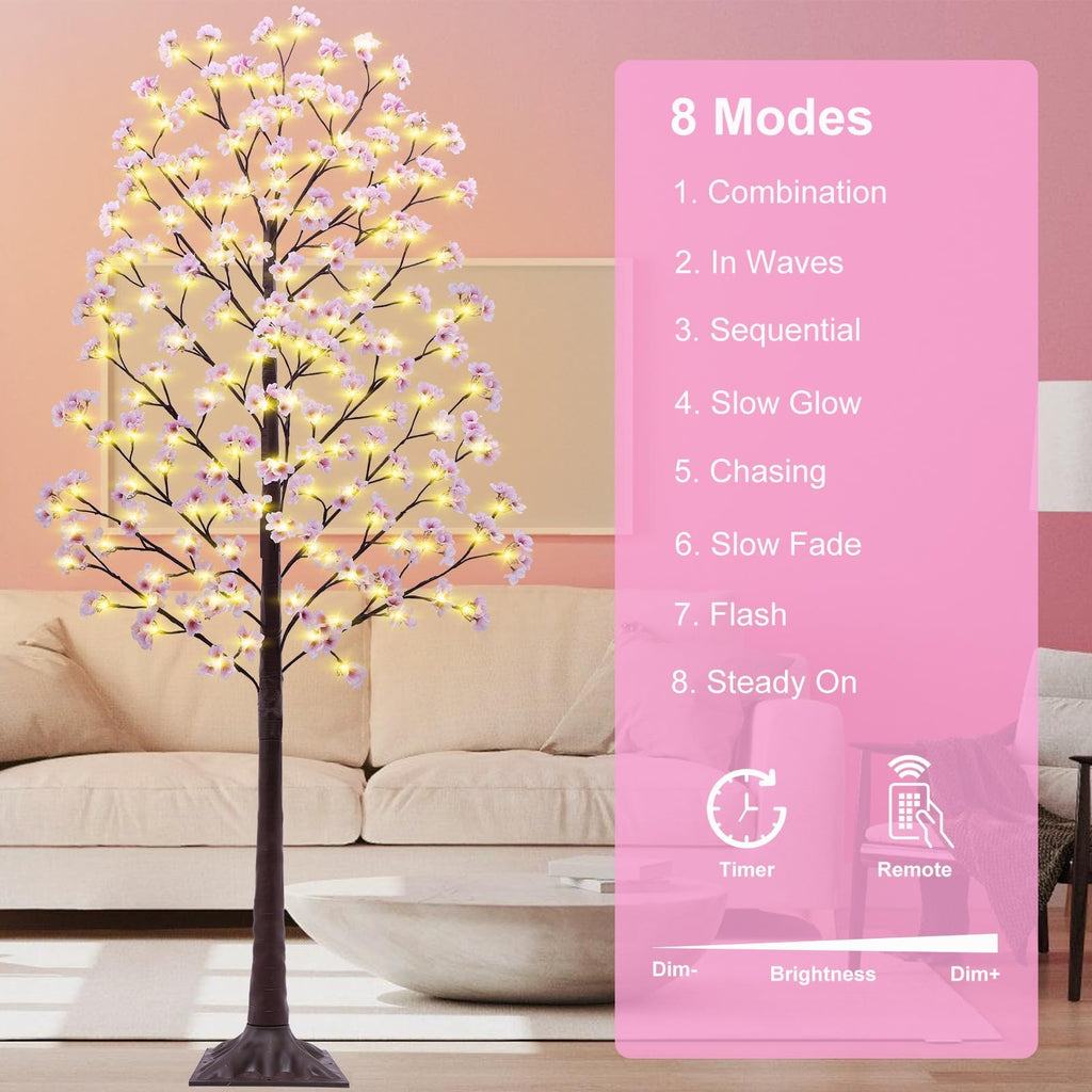 7FT Lighted Cherry Blossom Tree - Faux Artificial Light Up Pink Tree with 144 Lights, 432 Lush Flowers, Timer, Remote