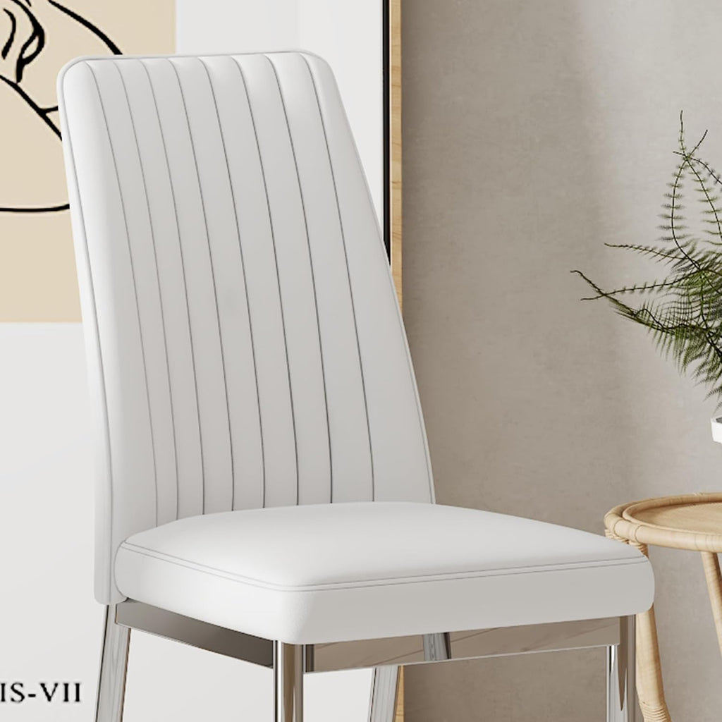White Leather Chair, Modern Dining Chair Set of 4 with PU Leather and Chrome Leg, Sillas de Comedor with High Back