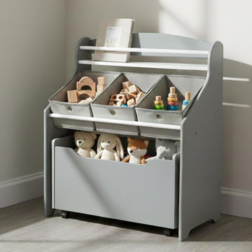 3 in 1 Kids Bookshelf, Toy Organizer and Rolling Toy Box, Wood | Toddler storage with removable fabric bins and pull