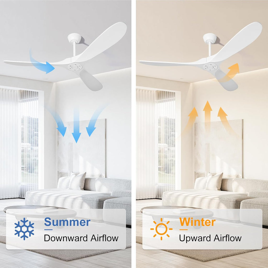 60 Inch White Ceiling Fan No Light，Indoor Outdoor 3 Blade Wood Ceiling Fans Without Lights for Patios Bedroom Living