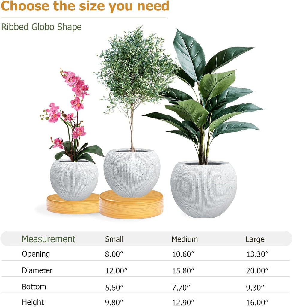 16" H x 20" D Premium Globo Fiberstone Planter - Speckled White | 13.5" Pot Opening, Ribbed, Included 2 Extra Coco