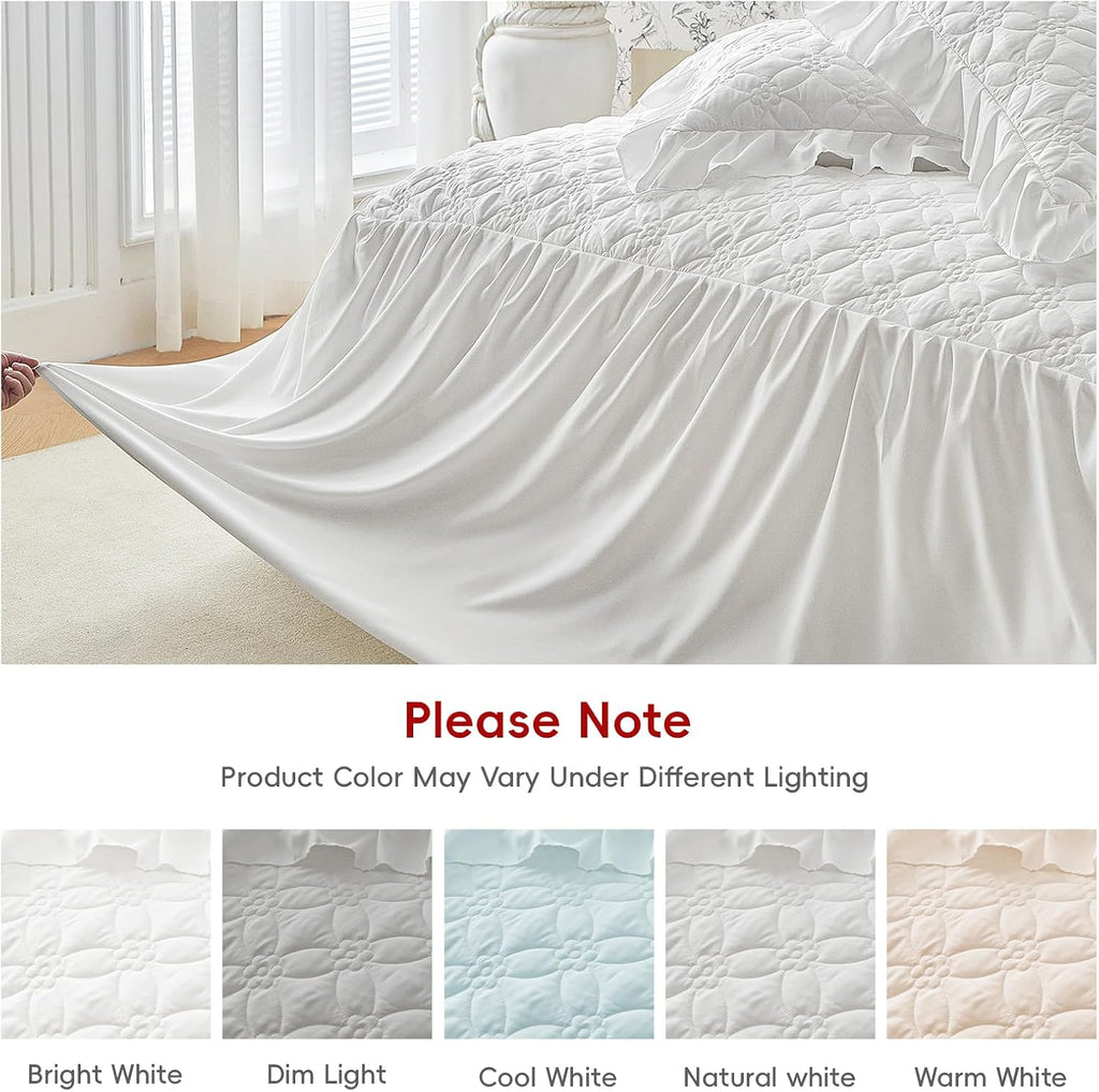 Ruffle Skirt Bedspread Set Flower Style - 30" Long Drop - Vintage Chic Ruffled Summer Bed Spreads Quilt Coverlet Boho