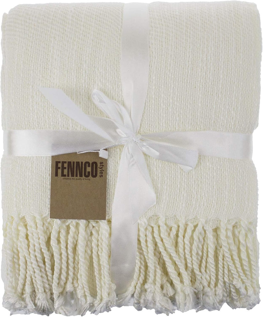 Classic Woven Solid Lightweight Throw Blanket with Fringe Design 50" W x 60" L - 4 Colors (Ivory)