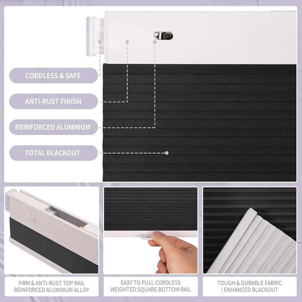 Cordless No Drill Blackout Honeycomb Shades - Thermal Insulation, UV Protection, Privacy, Room Darkening, Black 27" W