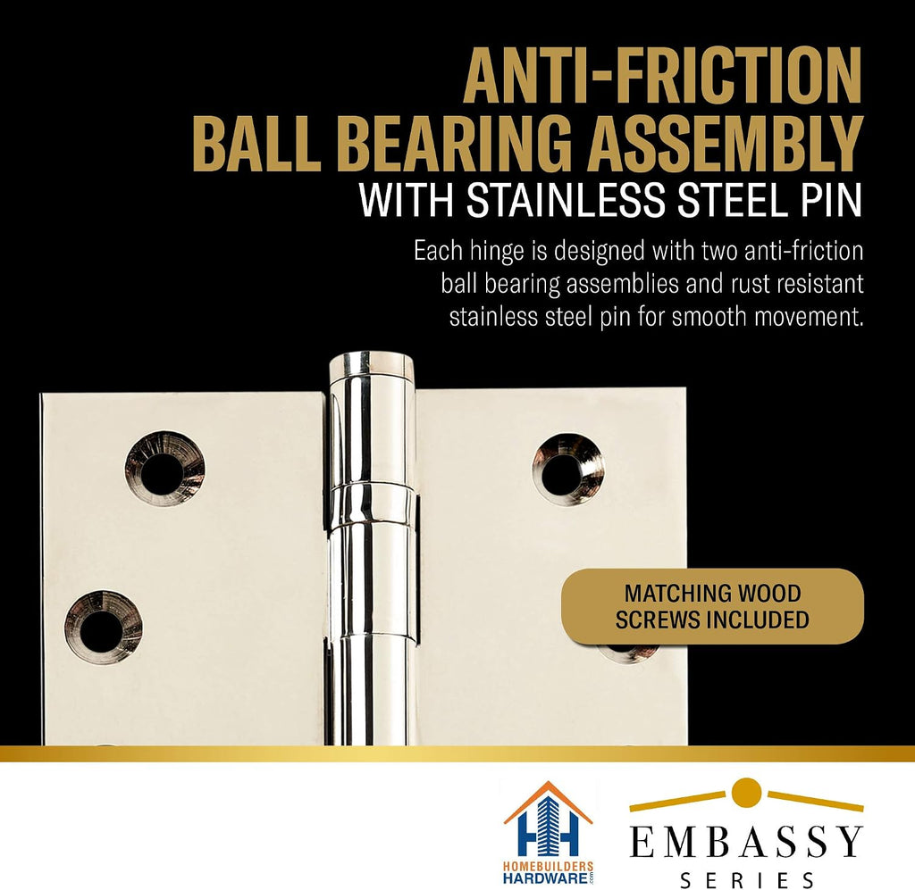 Door Hinge Solid Brass - 3.5 x 3.5 Inch, Heavy Duty, Polished Nickel, Ball Bearings, Rust Resistant Pin
