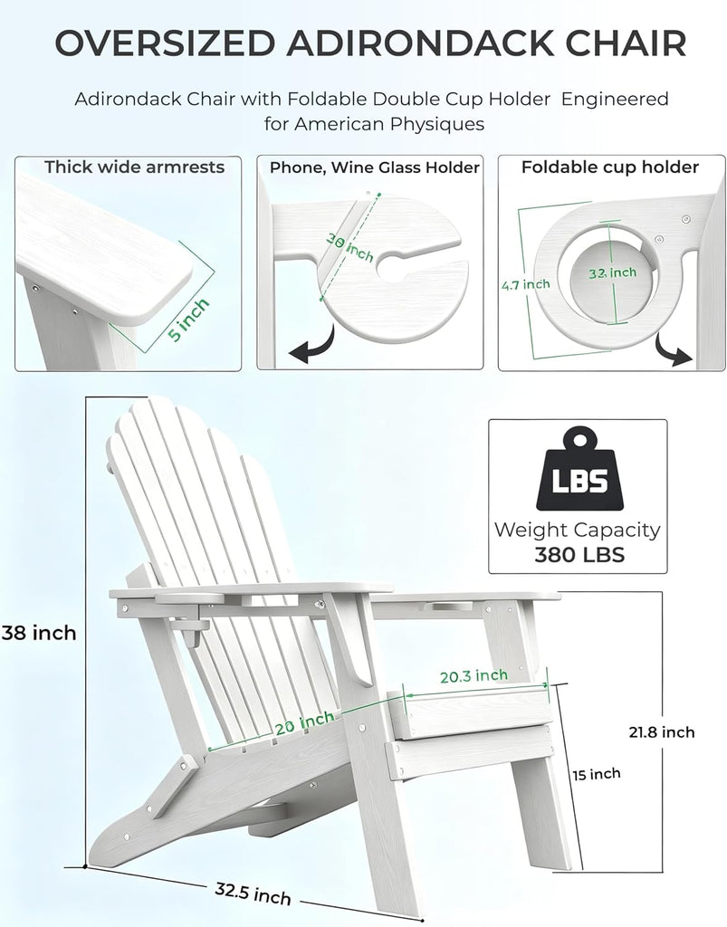 Fold Adirondack Chairs Set of 4, Double Cup Holders, White | HDPE Patio Chair, All Weather Fire Pit Chairs, 380lbs
