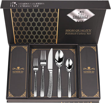 Hammered Silverware Set With Gift Box For 8 Cutlery Set Utensils Stainless Steel Flatware 40 Pieces Luxury Kitchen