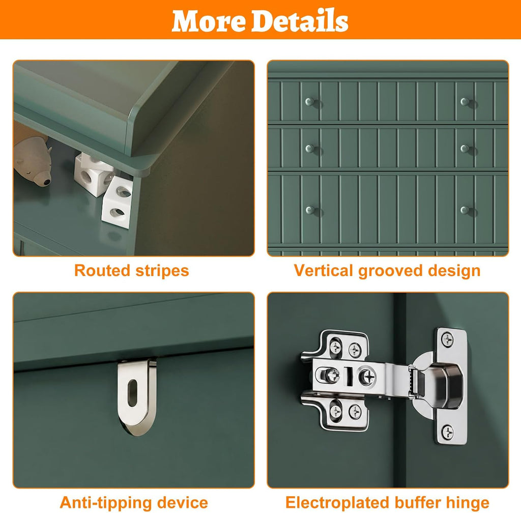 Green Changing Table Dresser | 37 In High Ergonomic, 4 Drawers, Cabinet, Open Space, Routed stripes, Curved Wrapping