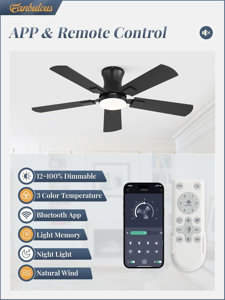 42 inch ceiling fan with light, Low Profile Ceiling Fan with Light, App&Remote Control, Dimmable LED Light