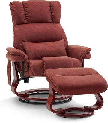 Modern Reclining Swivel Lounge Chair and Ottoman — Burgundy Faux Leather