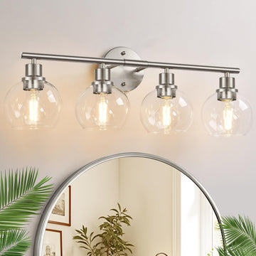 4-Light Bathroom Light Fixtures, Brushed Nickel Modern Vanity Lights Over Mirror with Clear Glass Globe Shade