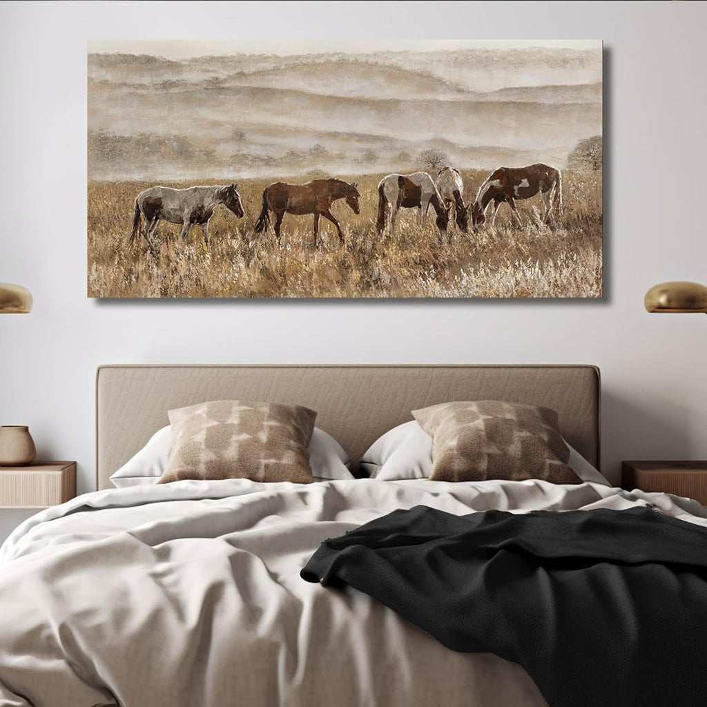 Canvas Wall Art Horse Wall Decor Animal Prints Pictures Grassland Artwork Paintings Brown Pictures