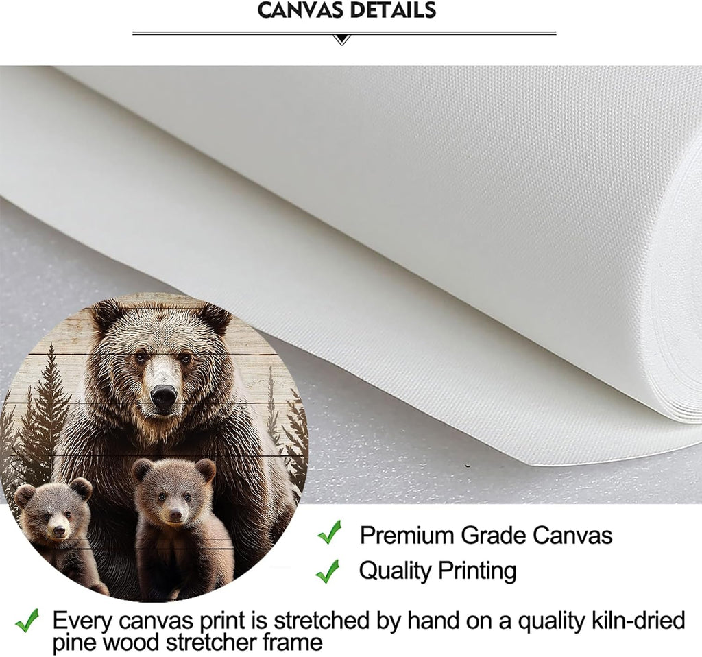Large 5 Piece Vintage Grizzly Bear Canvas Wall Art Brown Bear Family Forest Painting Farmhouse Cabin Decor Gallery
