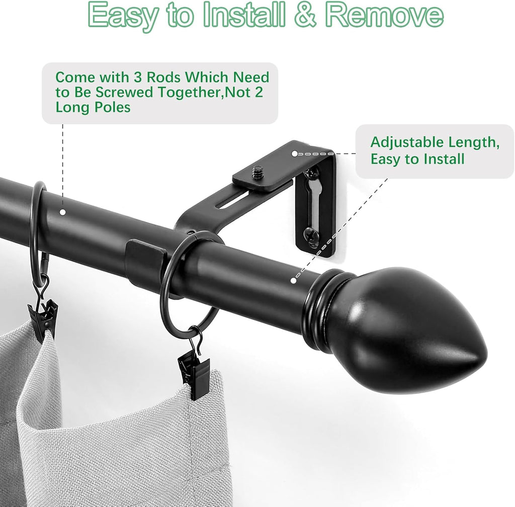 Curtain Rods for Windows 16 to 48 inches, Curtain Rod Max Adjustable Length to 60 in, Drapery Rod 1 inch Diameter