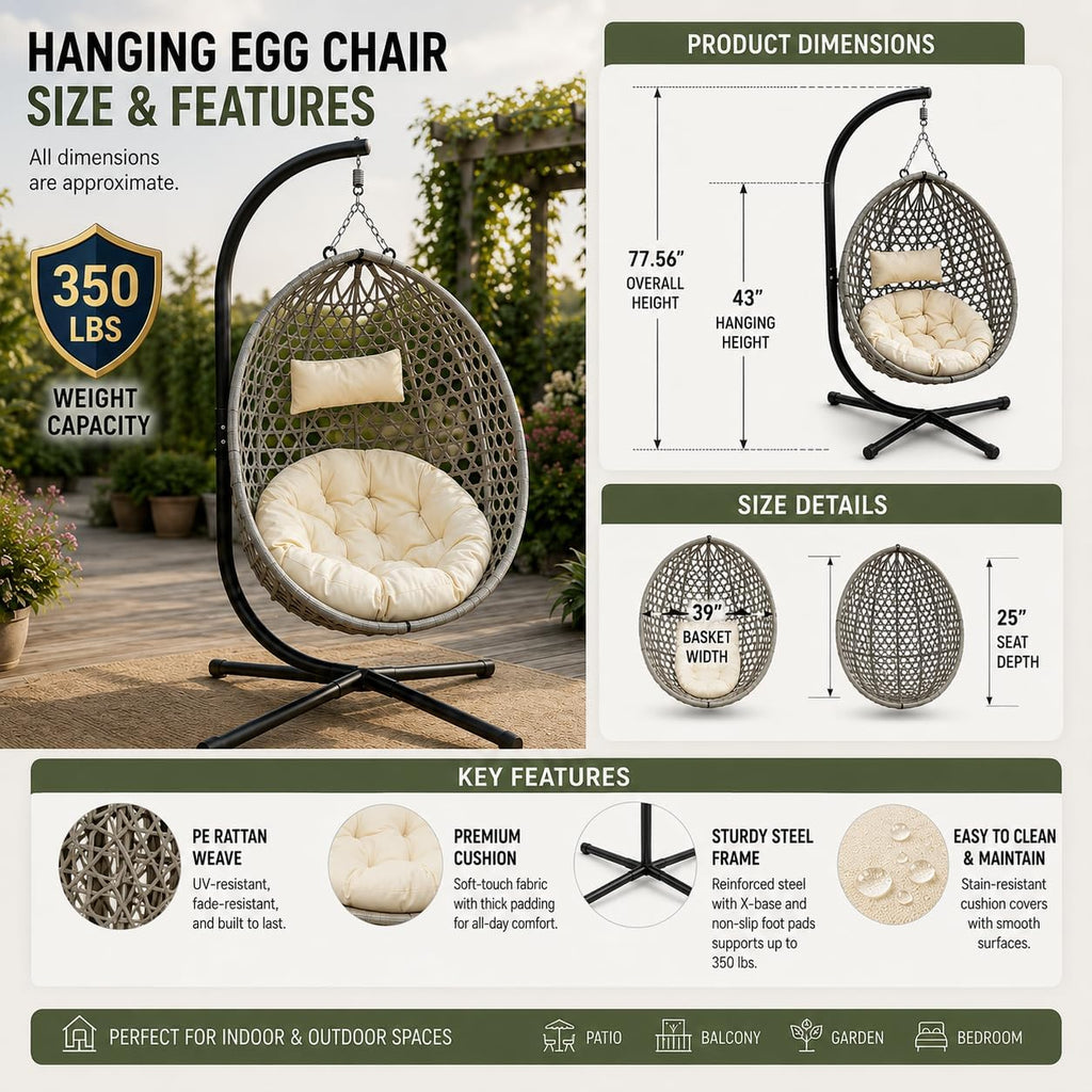 Folding PE Rattan Hanging Egg Chair with Stand, Wicker Swing Hammock, Heavy-Duty Steel and Aluminum Frame, 350 lbs