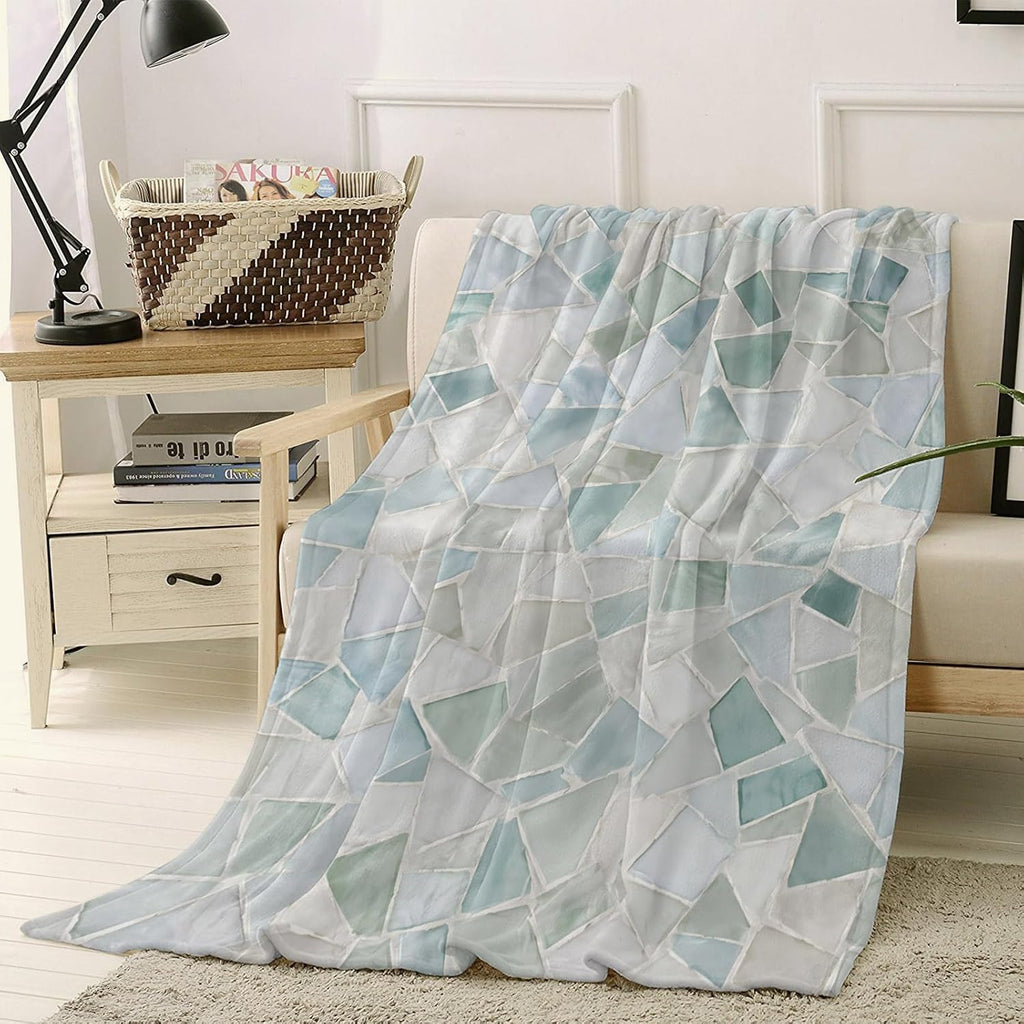 Vintage Stone Print Throw Blanket Boho Coastal Teal Mosaic Texture Flannel Cozy Soft Warm Fleece Blankets, 50 x 60 inch