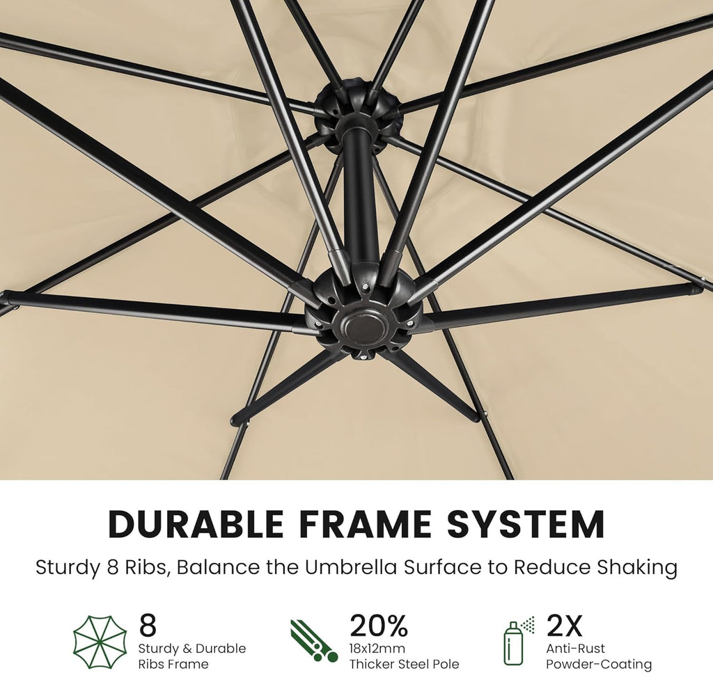 10FT Patio Umbrella with Base, Cantilever Offset Outdoor Umbrella with 360° Rotation, Infinite Tilt