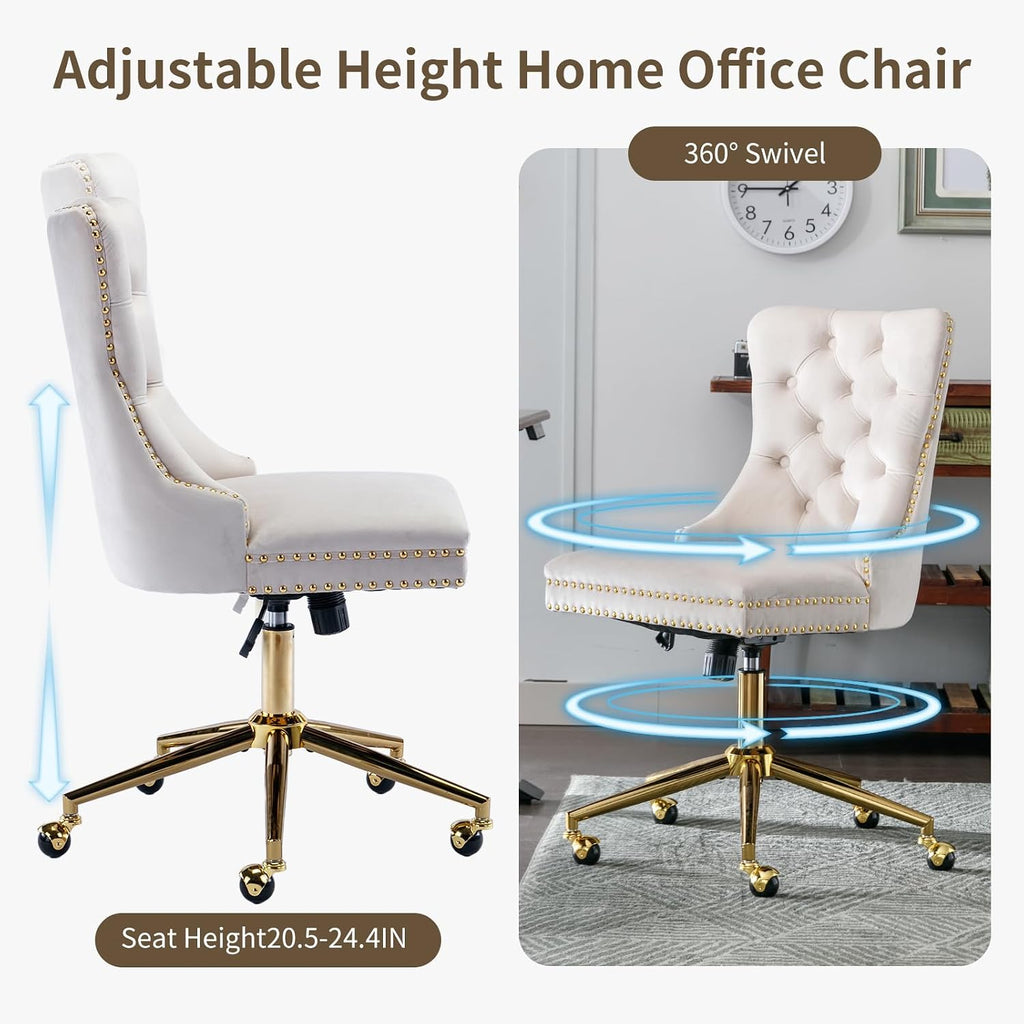 Velvet with Wheels and Gold Base, Armless Desk Chair with Tufted Back, Adjustable Height Swivel Vanity Chair