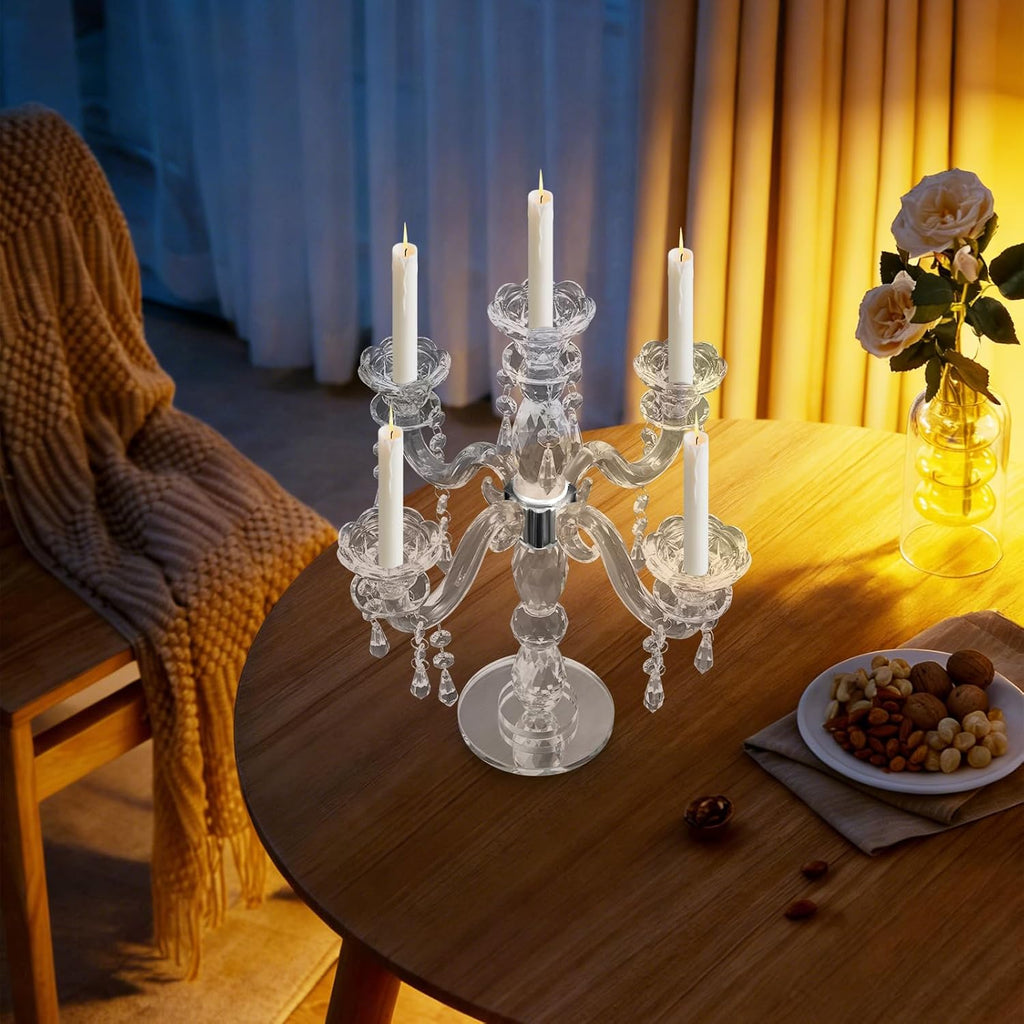 Modern Crystal Candle Holder Candelabra, 5 Arm 14 Inch Tall Clear Taper Candlestick Holders Vintage Wedding