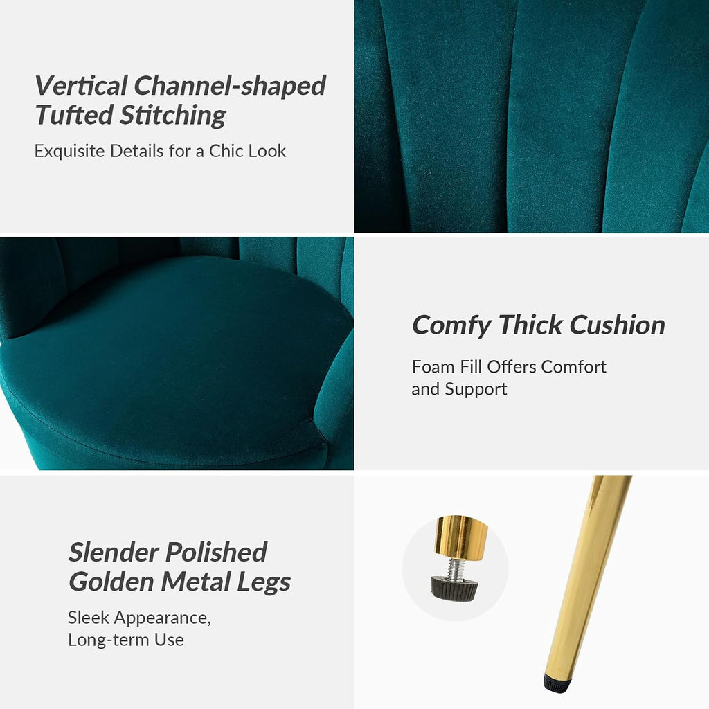 Modern Velvet Accent Chairs Set of 2 with Channel Tufted Seashell Back, Cute Living Room Bedroom Armchairs with Gold
