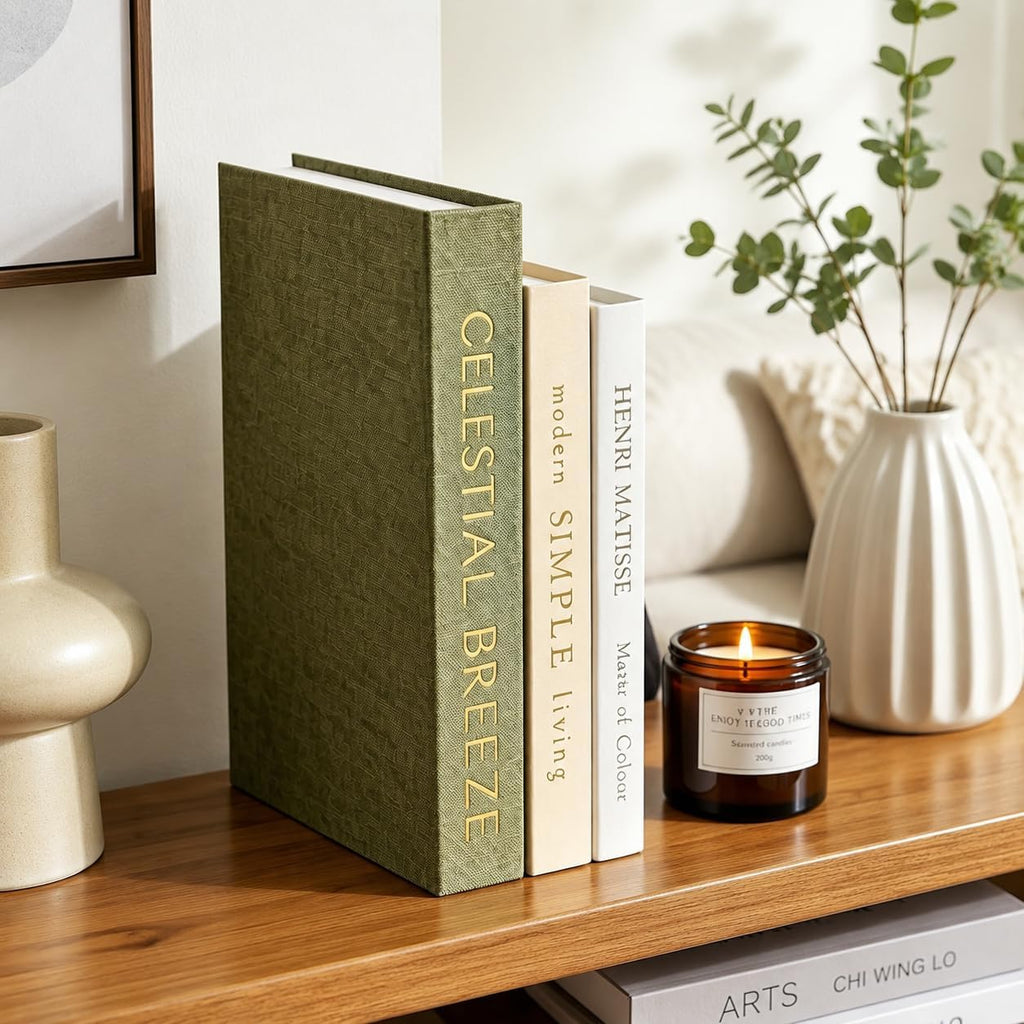 Decorative Books Decor Set of 3 Stackable Linen Faux Book Boxes with Hidden Storage for Coffee Table, Bookshelf