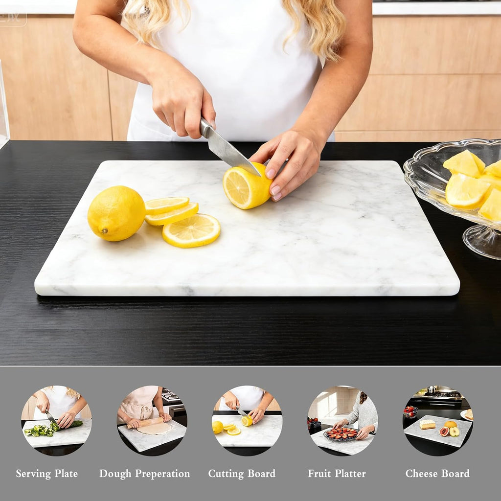 Marble Cutting Board 16×12 Inch Italian Carrara White | Natural stone, 0.59" thick, non-slip feet, stay cool for
