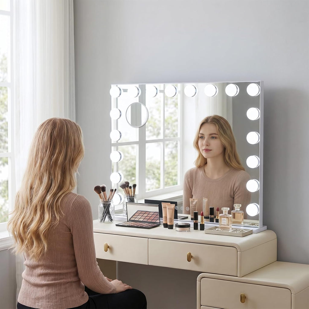 Large Vanity Mirror with Lights, 26"x20.9" Hollywood Mirror with 10X Magnification, 18 Dimmable LED Bulbs & 3 Color