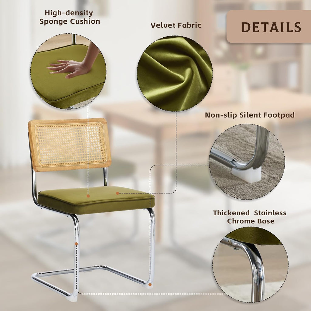 Rattan Dining Chairs Set of 4,Upholstered Mid-Century Modern Dining Room Chairs with Cane Backrest,Retro Velvet