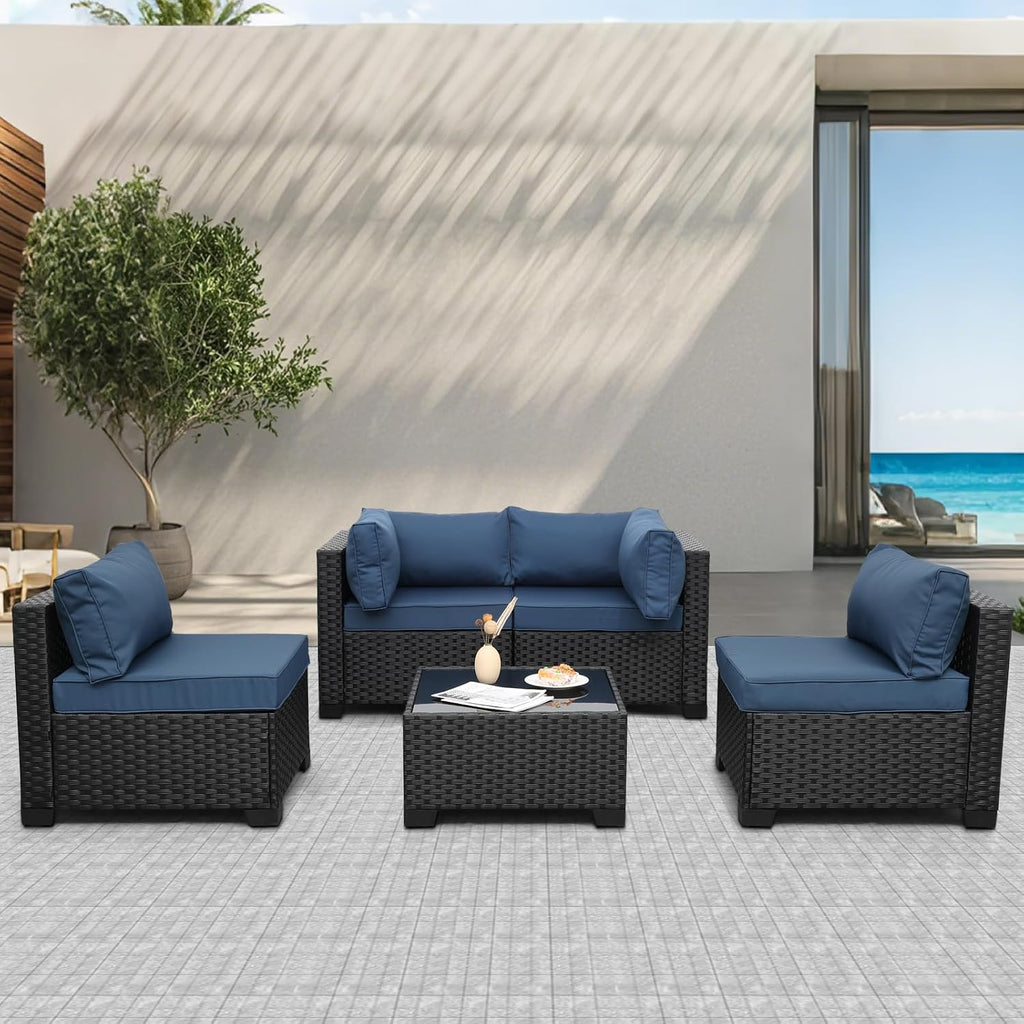 Outdoor 5 Piece Patio Furniture Set, Black Rattan Conversation Couch Resin Wicker Sectional Sofa Outside Chair with