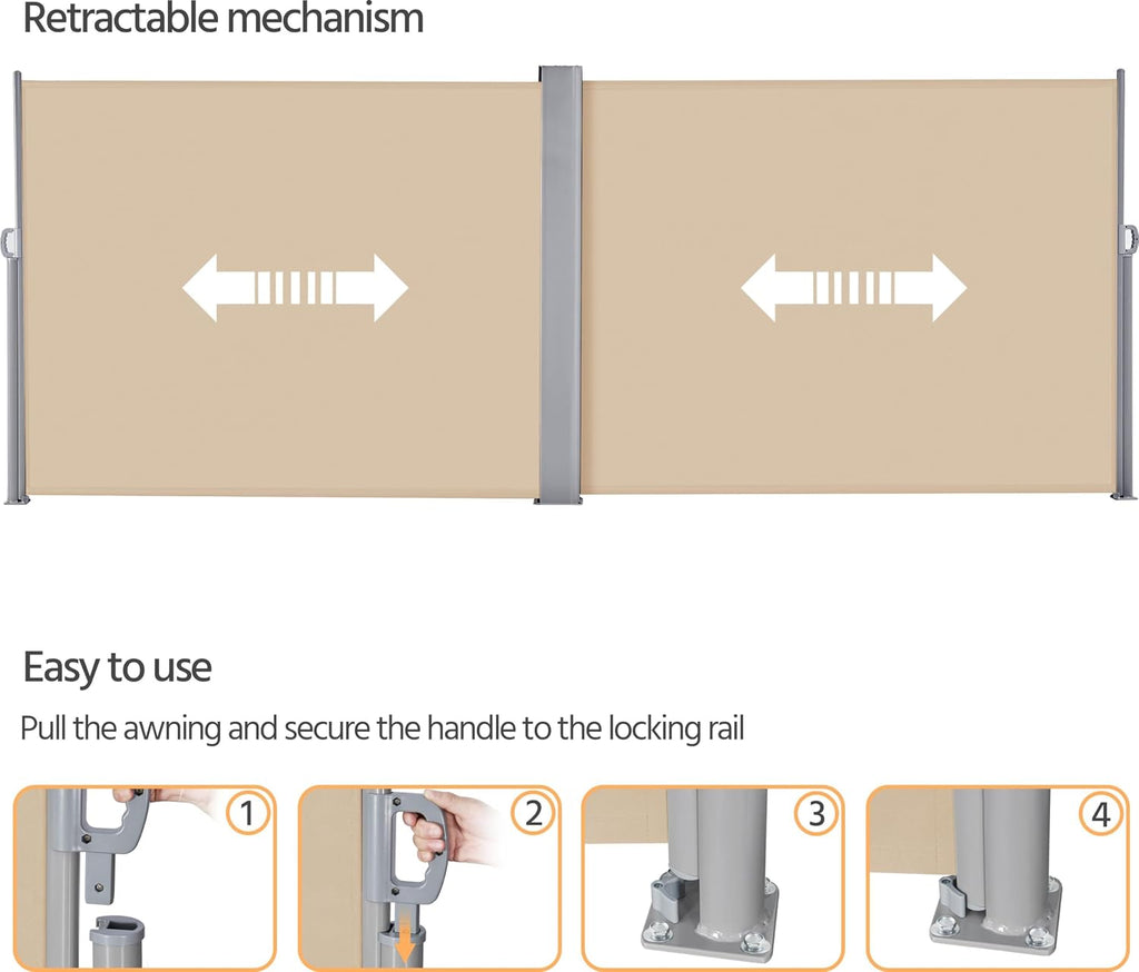 236x71in Double Retractable Side Awning Privacy Screen Beige | Dual-side retractable design, fits concrete & wood