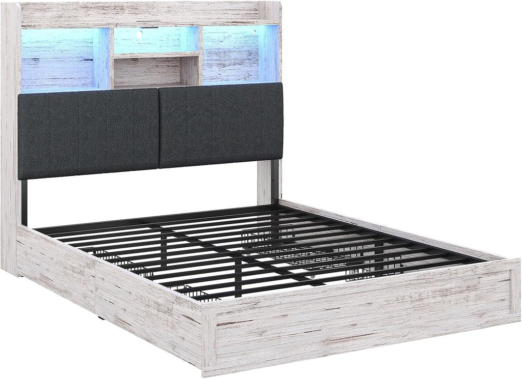 Queen Bed Frame with 51.2" Tall Bookcase Headboard, Farmhouse Platform Bed with 4 Storage Drawers, Linen Upholstered