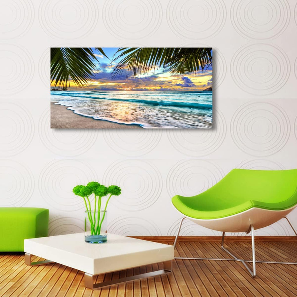 Beach Canvas Wall Art Seascape Theme Pictures Home Decor Blue Ocean White Wave Palm Tree Prints Paintings Bathroom
