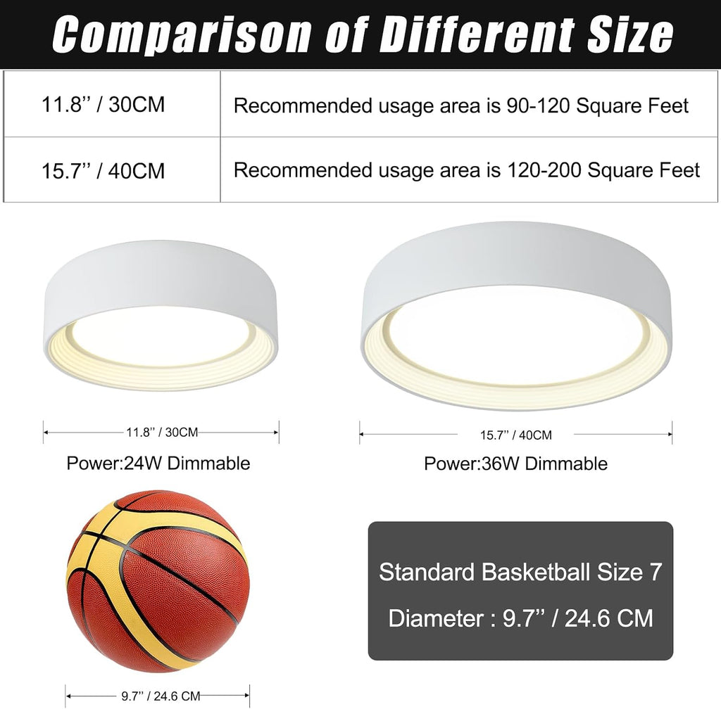 Dimmable White Flush Mount Ceiling Light,11.81 in LED 5CCT Fixture | 24W Matte Close to Ceiling,3000K-6500K Round