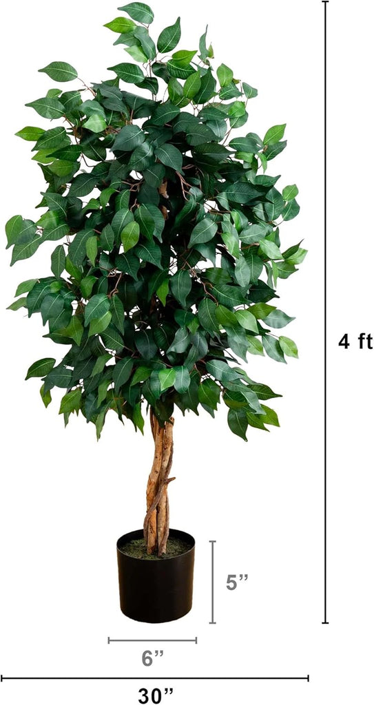 4 ft Artificial Triple Trunk Ficus Tree with Pot | Natural Wood Trunks, Silk Tree with Dense Foliage, Mid-Size Faux