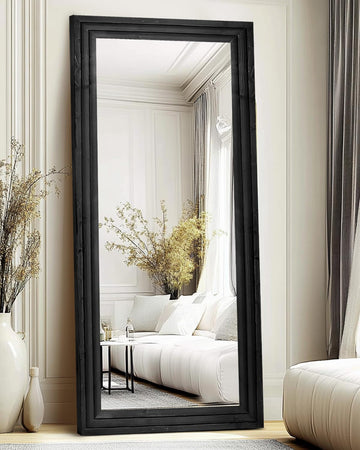 71x30in Full Length Mirror, 3-Tier Stepped Solid Wood Frame, Black