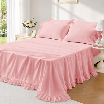 Sheet Set 4 Pieces - Pink Sheets with 4-Inch Ruffles Bed Skirt
