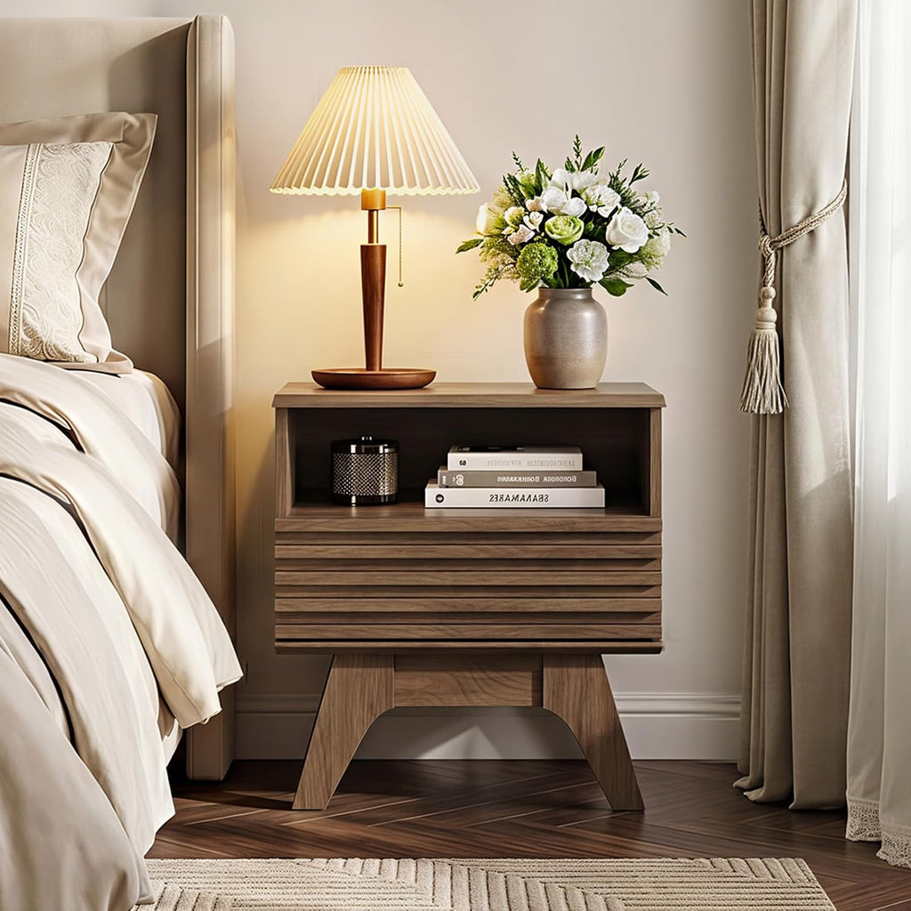 18.9" Wide Fluted Nightstand Set of 2, End Table with Drawer and Open Shelf, Mid Century Modern Side Tables with