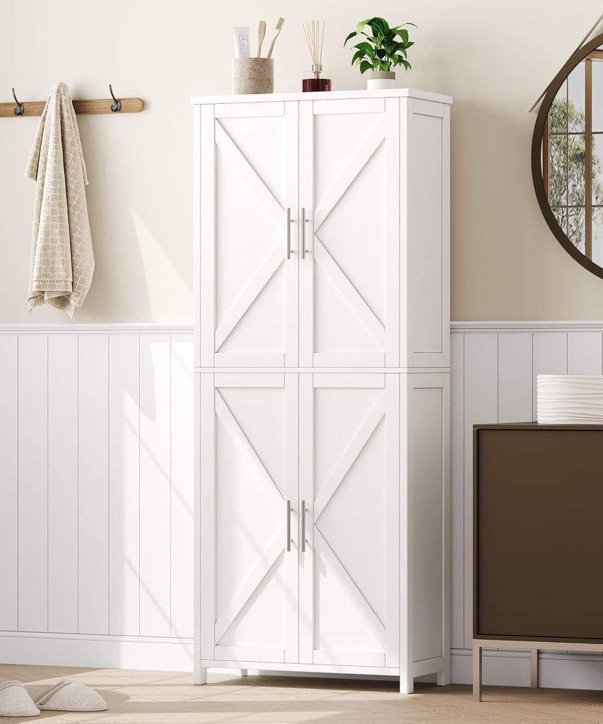 63''H Tall Bathroom Storage Cabinet Adjustable Shelf White | Floor Cabinet with Barn Doors, Adjustable Shelf, Linen