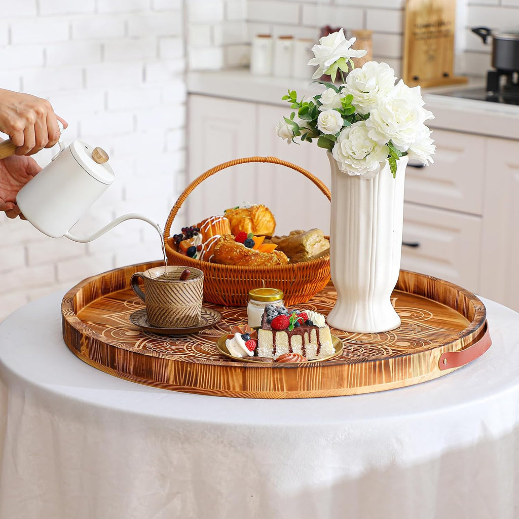 24 Inch Ottoman Tray Mandala Wooden Serving Tray with Handle Rustic Round Ottoman Large Farmhouse Coffee Table